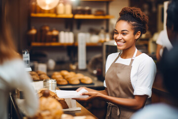 Proud and smiling African American female baker, who's also the shop owner, offering exemplary customer service as she hands a customer their order in her retail store - Powered by Adobe