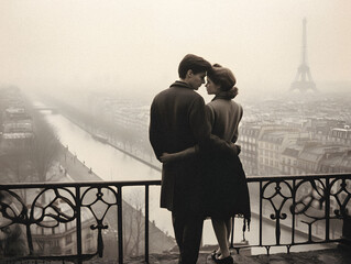 Romantic Lovers in Paris, Eiffel Tower in the Background, 1950s Style. Generative ai.