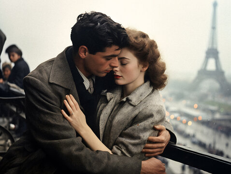 Romantic Lovers in Paris, Eiffel Tower in the Background, 1950s Style. Generative ai.