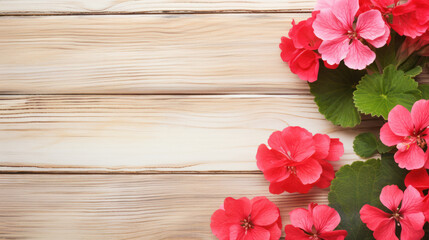 Geraniums on Wooden Background, Beautiful Flowers, Summer Floral, Copy Space. Generative AI