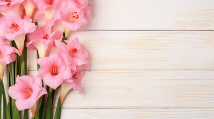 Gladiolus on Wooden Background, Beautiful Flowers, Summer Floral, Copy Space. Generative AI