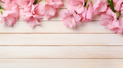 Gladiolus on Wooden Background, Beautiful Flowers, Summer Floral, Copy Space. Generative AI