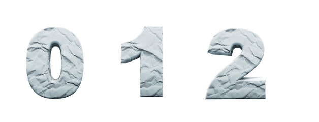 Crumpled paper alphabet. Numbers 0, 1, 2,  made from crumpled white paper in 3d Render. Alphabet isolated on white background with cutout saved.