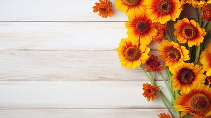 Helenium (Sneezeweed) on Wooden Background, Beautiful Flowers, Autumn Floral, Copy Space. Generative AI