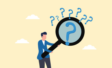 Businessman with magnifying glass analyze question marks, problem analysis or problem management, investigate for root cause or incident, finding solution or discover threat or uncertain 