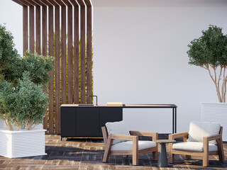 Patio with outdoor furniture and bbq kitchen deck. Picnic on the yard. Backyard with armchairs and greenery trees. Large terrace. Lounge complex outdoor. 3d rendering 