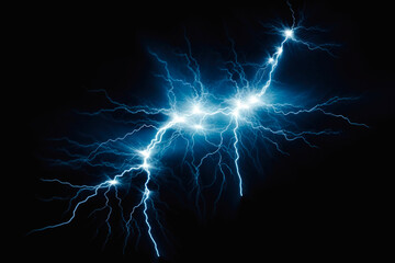 Intense blue lightning bolts strike against a dark background