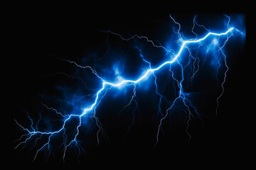 Intense blue lightning bolts strike against a dark background - obrazy, fototapety, plakaty