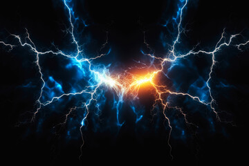 Intense lightning bolts strike against a dark night sky, showcasing nature's electric power. Isolated on dark background