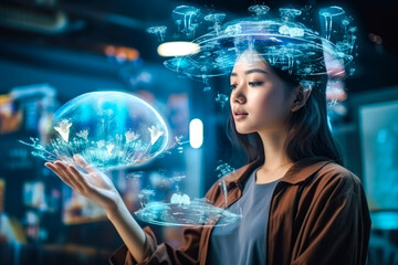 Young Asian woman looking at holographic digital display, expressing wonder and curiosity