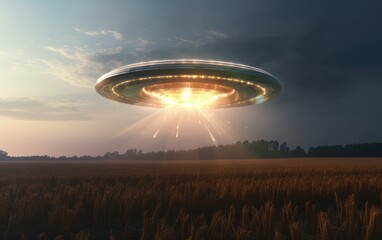 Obraz na płótnie Canvas A Majestic UFO Soaring Above a Vast, Serene Field