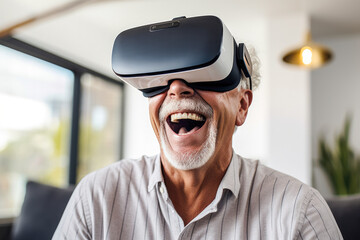 A funny photo of senior man enjoying interactive VR technology, engrossed in gaming excitement, bridging generational gap through digital entertainment