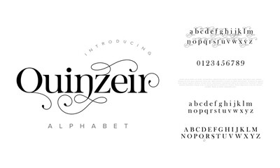 Quenzeir premium luxury elegant alphabet letters and numbers. Elegant wedding typography classic serif font decorative vintage retro. Creative vector illustration
