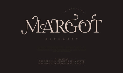 Margot premium luxury elegant alphabet letters and numbers. Elegant wedding typography classic serif font decorative vintage retro. Creative vector illustration