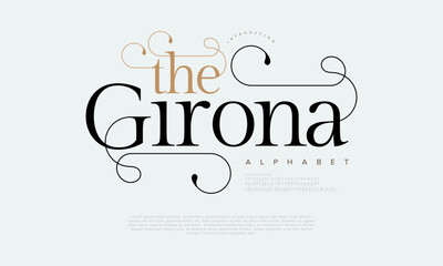 Thegirona premium luxury elegant alphabet letters and numbers. Elegant wedding typography classic serif font decorative vintage retro. Creative vector illustration
