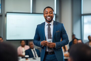 Portrait of engaging African American man wearing a suit, delivers a dynamic corporate presentation. Captivating his audience, he shares insights within a professional boardroom setting
