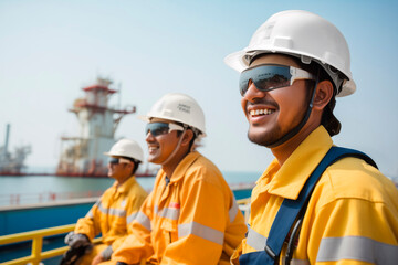 happy hispanic workers in a maritime petroleum platform working in the oil extraction - obrazy, fototapety, plakaty