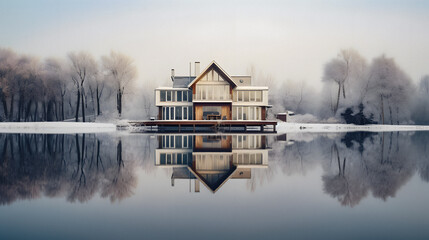 Fototapeta premium Luxurious Mansion Reflecting in a Lake. Generative ai.