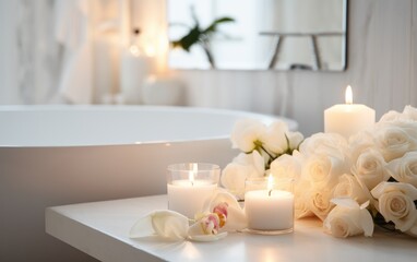 Fototapeta na wymiar A Serene Oasis: A White Bathtub Surrounded by Flickering Candlelight