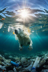 polar bear swimming in polluted water - obrazy, fototapety, plakaty