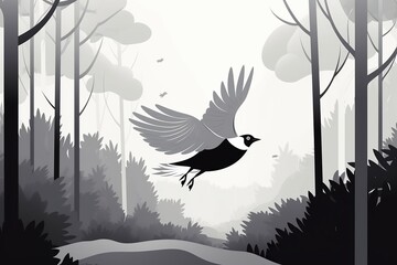 black and white cartoon of flying bird in forest