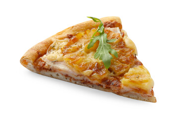 Piece of delicious pineapple pizza isolated on white