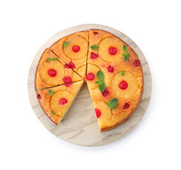 Delicious cut pineapple pie with cherry and mint isolated on white, top view