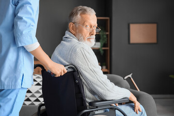 Fototapeta na wymiar Senior man in wheelchair with nurse at home