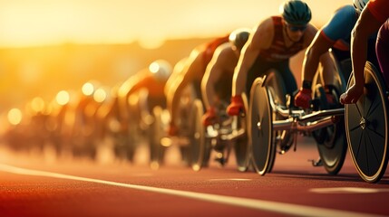 Group of people in wheelchairs on a race track at sunset.