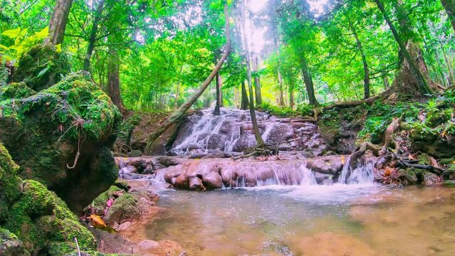 waterfall at lush green tropical forest in summer fresh season. sun rays shine through deep green jungle. refreshing time in the nature. timelapse of water flowing on black rocks fresh green moss