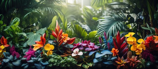 Variety of tropical flowers and plants in botanical garden - obrazy, fototapety, plakaty