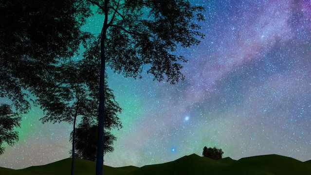 Starry sky and aurora at night over sea and lake