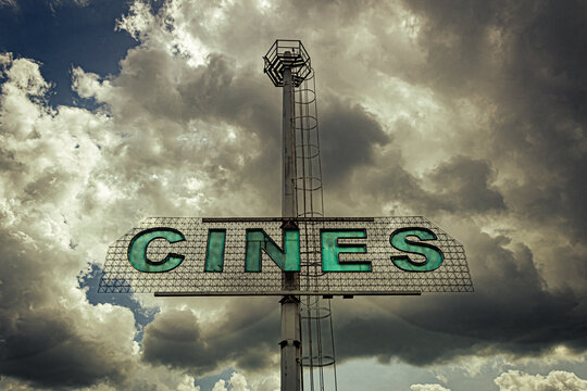 Cens sign in the cloudy sky. Conceptual image. Vintage tone.cinema