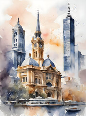 Naklejka premium Watercolor art of Melbourne city