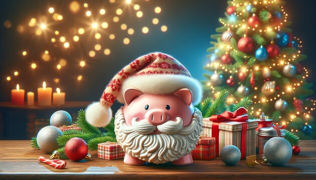 The piggy bank wearing a Santa hat shows the joy of Christmas gifts. Cheerful christmas scene with a piggy bank in santa gear.