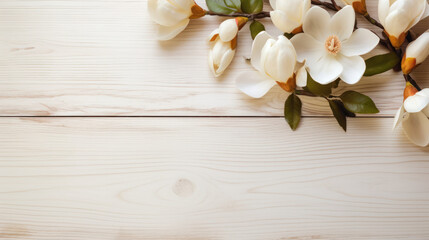 Fototapeta premium Magnolias on Wooden Background, Beautiful Flowers, Spring Floral, Copy Space. Generative AI