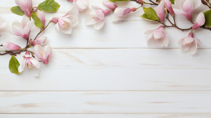 Fototapeta na wymiar Magnolias on Wooden Background, Beautiful Flowers, Spring Floral, Copy Space. Generative AI
