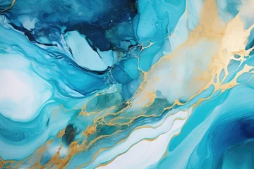 Photo sur Plexiglas Cristaux Poster with fluid art texture. Backdrop with abstract mixing paint effect. Liquid acrylic artwork that flows and splashes. Mixed paints for interior. Blue, gold and white colors