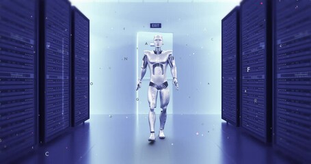 Futuristic Android Robot Walking In A Server Room Hallway. Technology Related 3D Animation. - Powered by Adobe