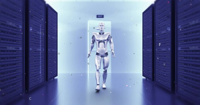 Futuristic Android Robot Walking In A Server Room Hallway. Technology Related 3D Animation.