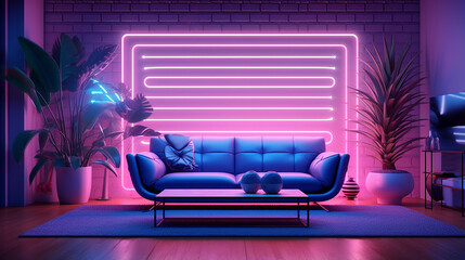 Urban Living Room with Blue Sofa and Pink Neon Lighting