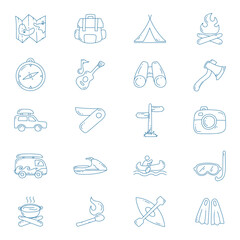 Hand drawn outdoor adventure line icon set. Adventure doodle icon collections.