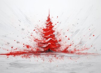 Vivid red Christmas tree with dynamic paint splatters on a pure white background, creating a striking contrast