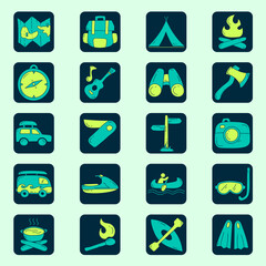 Hand drawn outdoor adventure flat icon set. Adventure doodle icon collections.