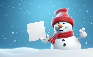 Fototapeta premium A cheerful snowman in a red hat and scarf with a blank white card in his hands, with snowflakes softly falling from the gentle blue sky