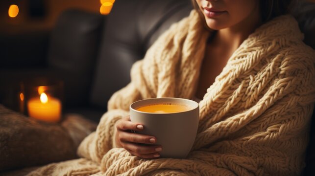 Beautiful woman with warm sweater and cup of coffee at home