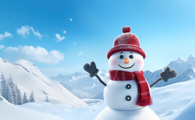 Obraz premium Friendly snowman with a warm smile, wearing a red knitted hat and scarf, waving hello on a bright snowy mountain landscape
