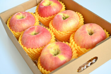 beautiful pink apple in the box on blue background