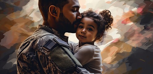A Soldier's Embrace: The Touching Reunion of a Man in Full Military Uniform Hugging His Kid, the unspoken emotions, pride, and the universal significance of homecoming. - obrazy, fototapety, plakaty