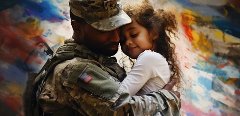 A Soldier's Embrace: The Touching Reunion of a Man in Full Military Uniform Hugging His Kid, the unspoken emotions, pride, and the universal significance of homecoming. - obrazy, fototapety, plakaty